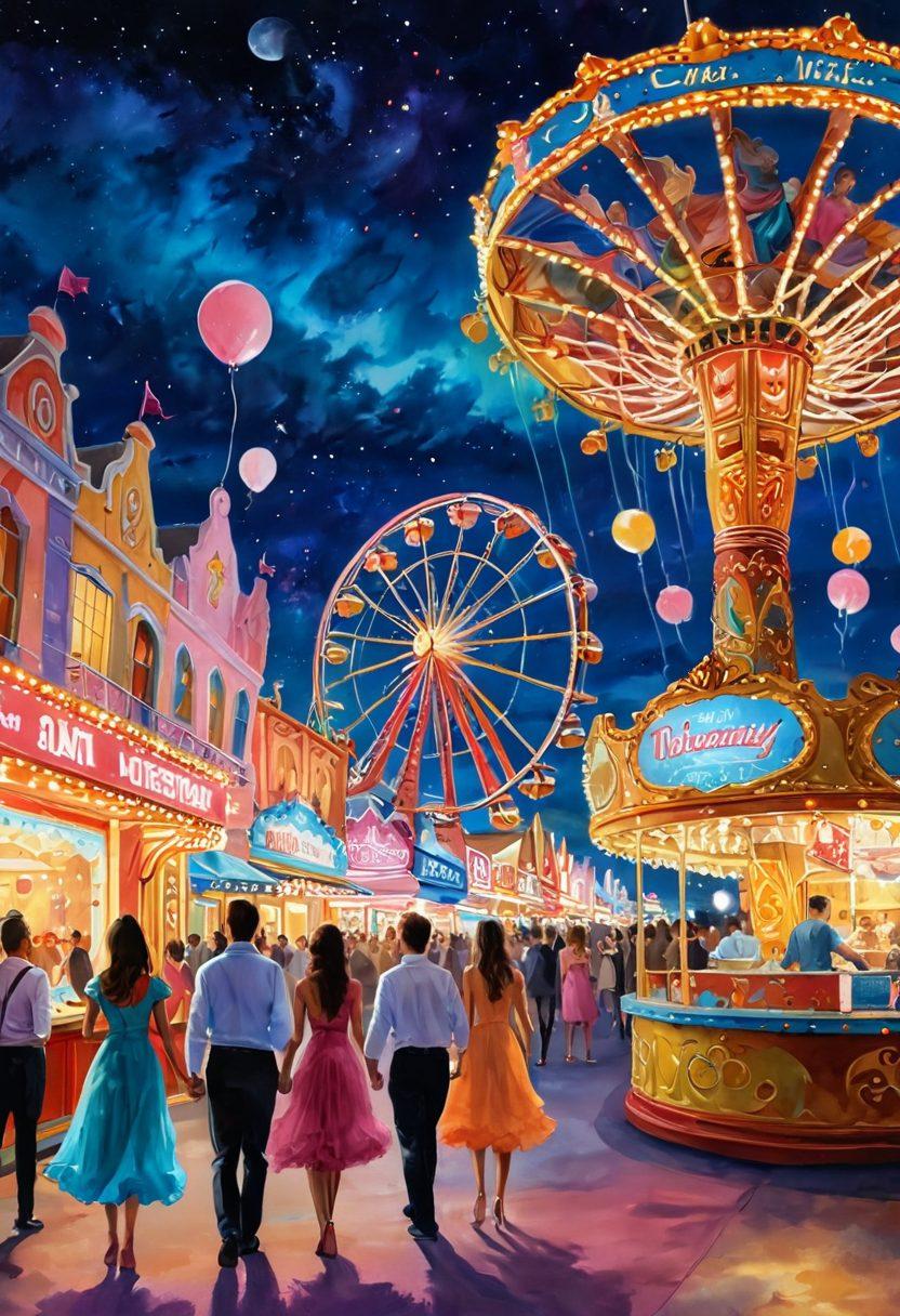 A whimsical carnival scene featuring playful elements of sensual entertainment, such as flirtatious performers in vibrant costumes, colorful lights, and romantic rides. Include a cotton candy stall and a couple enjoying the atmosphere with a backdrop of a twinkling night sky. Emphasize joy and indulgence in the air, capturing a sense of wonder and excitement. vibrant colors. dreamy atmosphere. painting.