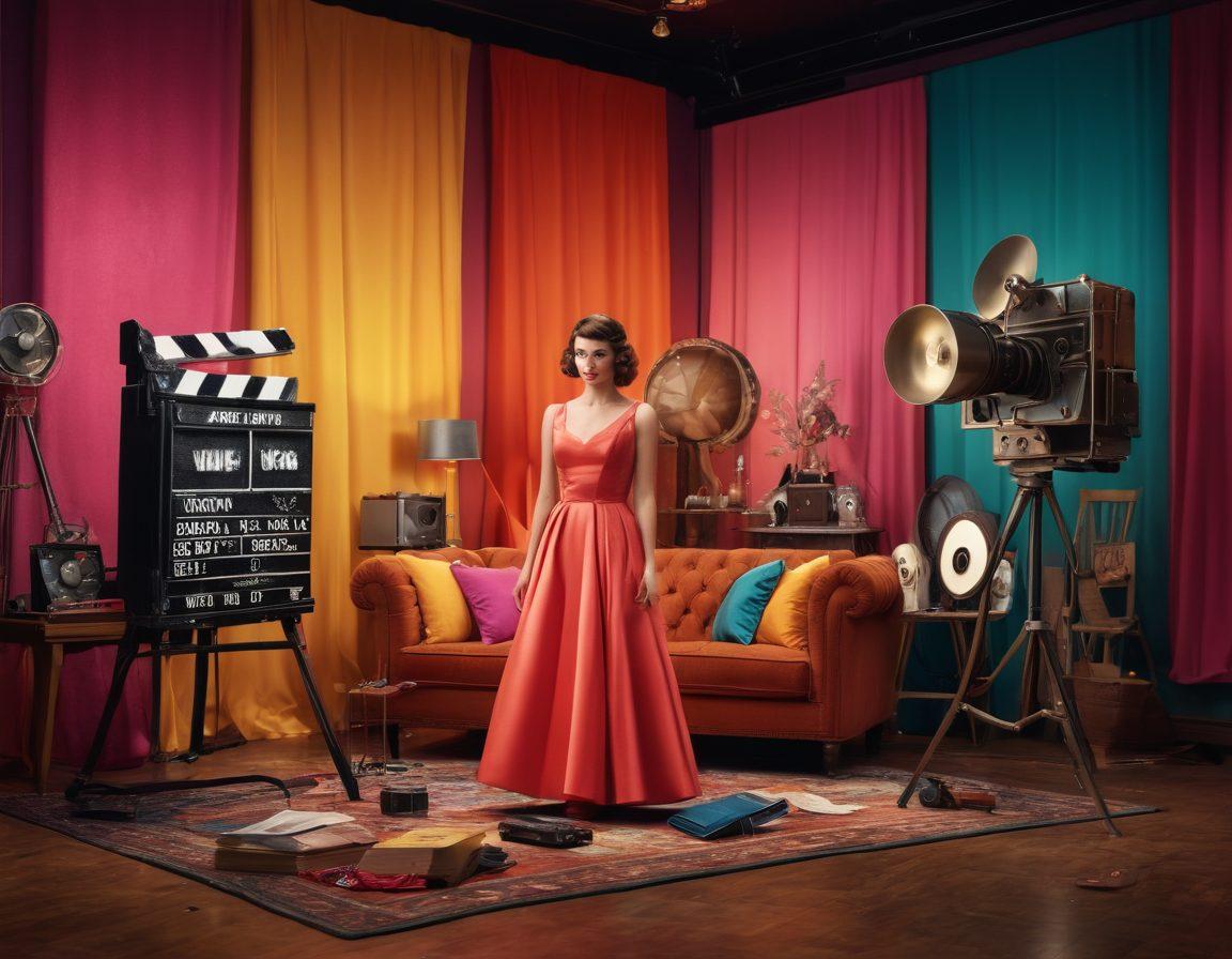 A dynamic and playful scene featuring a whimsical film set, with colorful props and lights, showcasing a transition from playful mischief to elegance. Include a camera capturing the moments, with actors in glamorous costumes exhibiting both cheeky expressions and refined demeanor. The background should be filled with film reels and clapperboards, highlighting the duality of entertainment. super-realistic. vibrant colors. 3D.